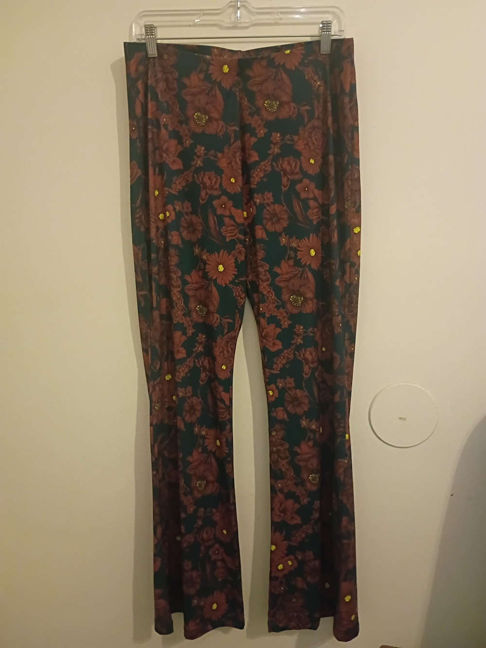 High-Rise Floral Flare Pants in Aqua Green and Rust Sz‎ L
